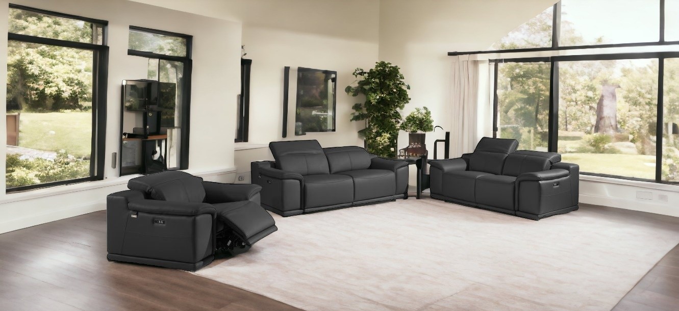Three Piece Indoor Dark Gray Italian Leather Six Person Seating Set-476556-1