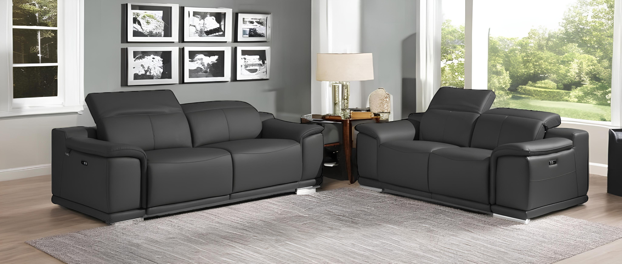 Two Piece Indoor Dark Gray Italian Leather Five Person Seating Set-476557-1