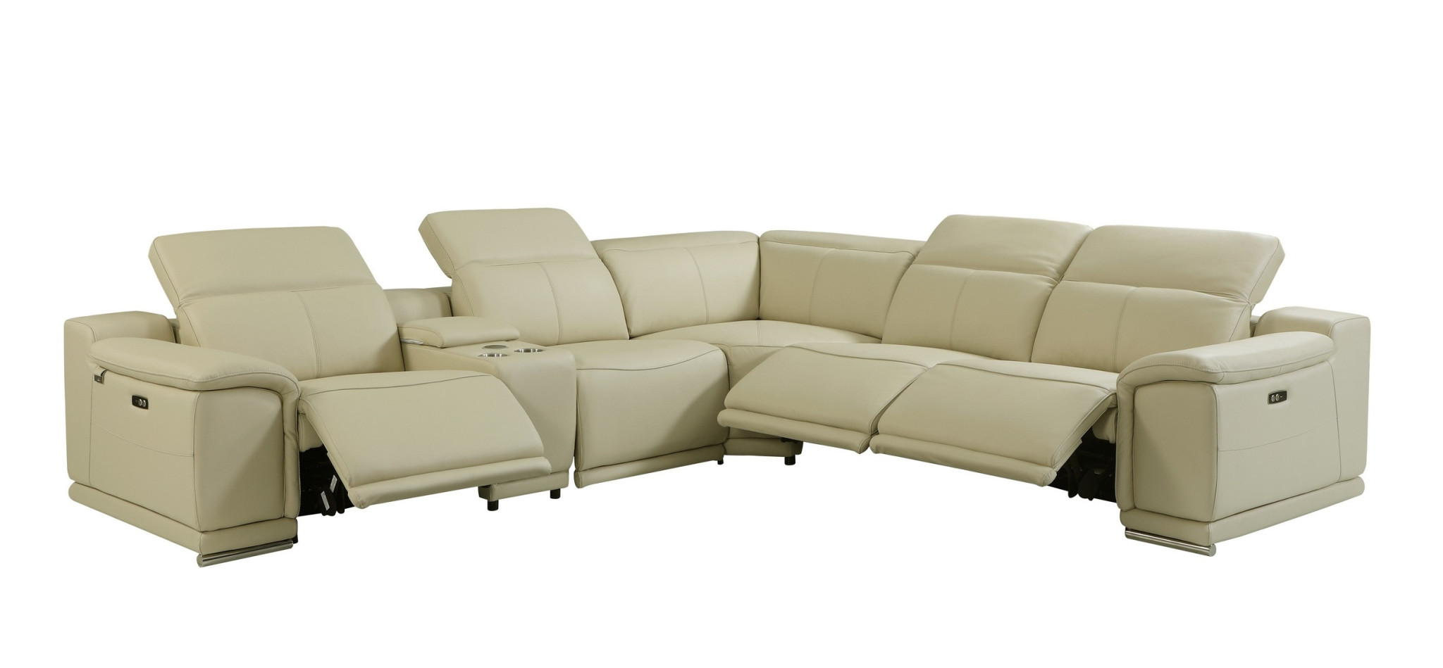 Beige Italian Leather Power Reclining U Shaped Six Piece Corner Sectional With Console-476587-1