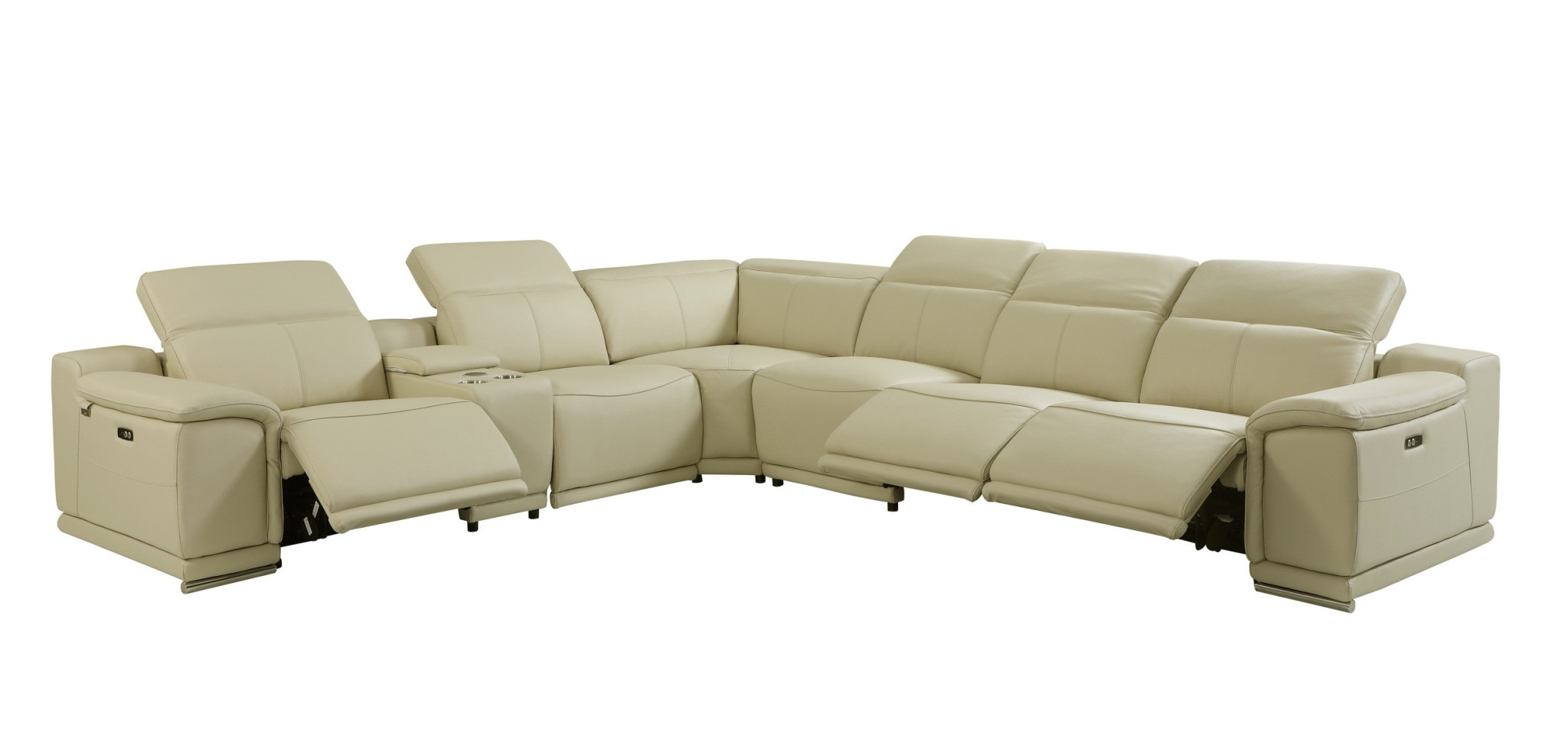 Beige Italian Leather Power Reclining U Shaped Seven Piece Corner Sectional With Console-476590-1