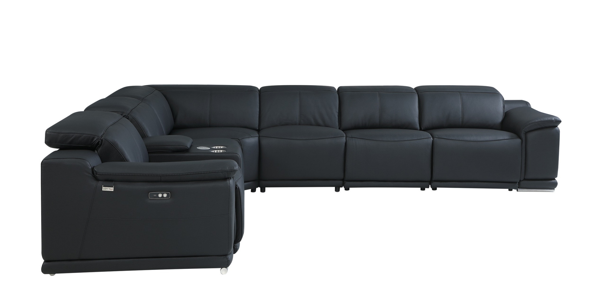 Black Italian Leather Power Reclining U Shaped Seven Piece Corner Sectional With Console-476591-1