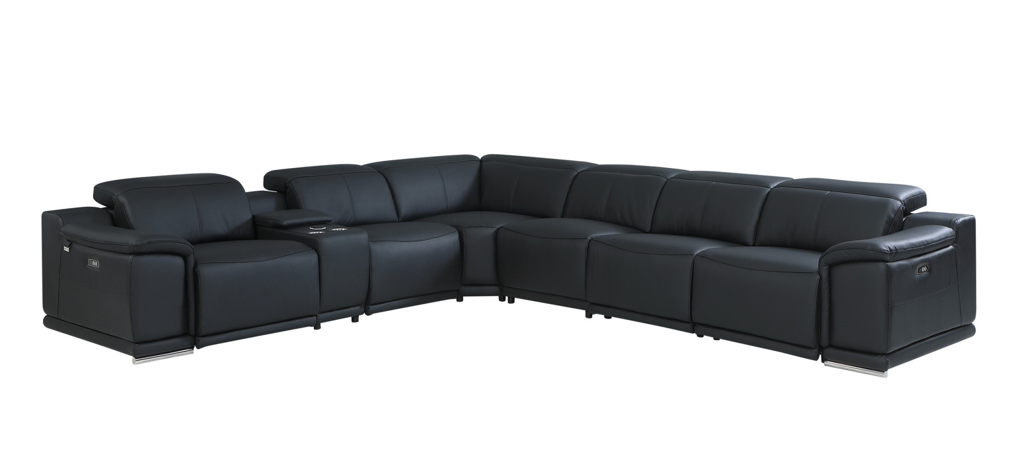 Black Italian Leather Power Reclining U Shaped Seven Piece Corner Sectional With Console-476591-1