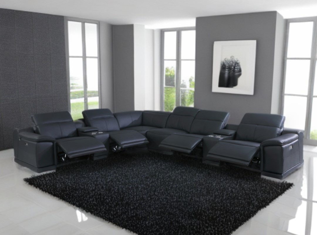 Black Italian Leather Power Reclining U Shaped Eight Piece Corner Sectional With Console-476600-1