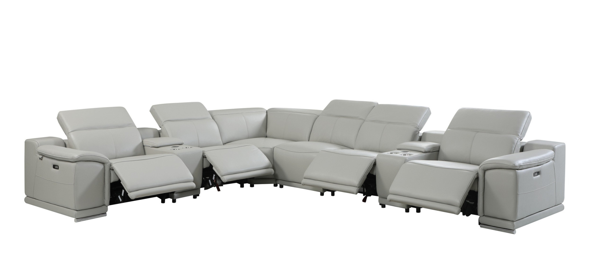 Light Gray Italian Leather Power Reclining U Shaped Eight Piece Corner Sectional With Console-476601-1