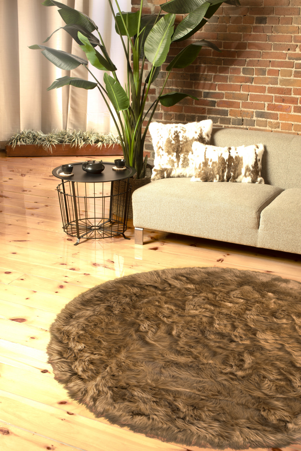 6" X 6" Tan Round Faux Fur Washable Non Skid Area Rug
