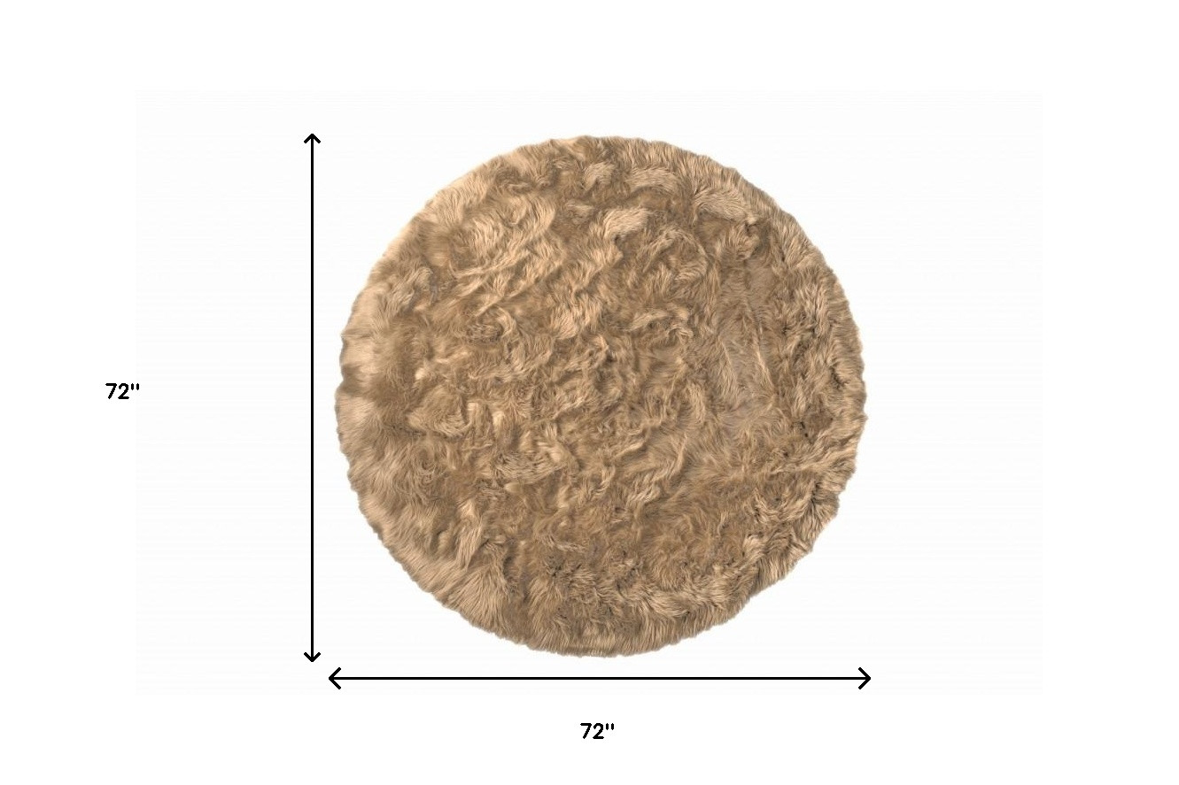 6" X 6" Tan Round Faux Fur Washable Non Skid Area Rug