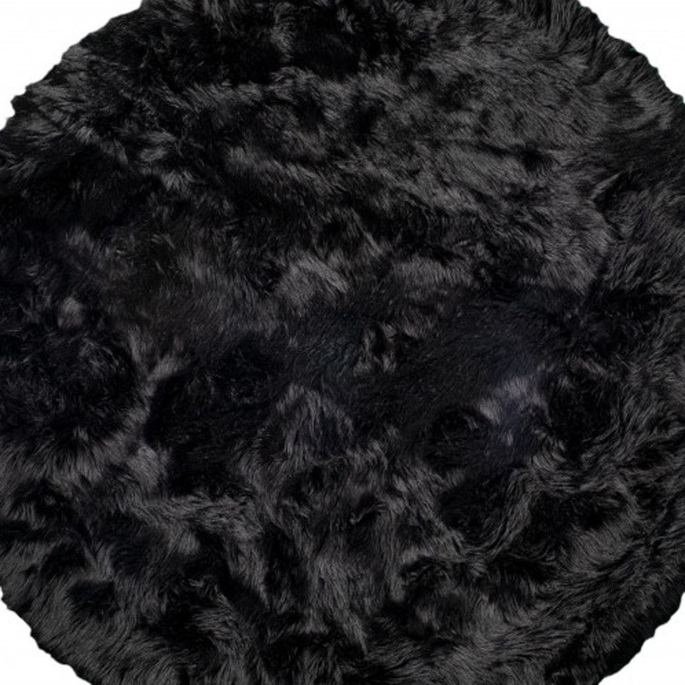 6 X 6 Black Round Faux Fur Washable Non Skid Area Rug