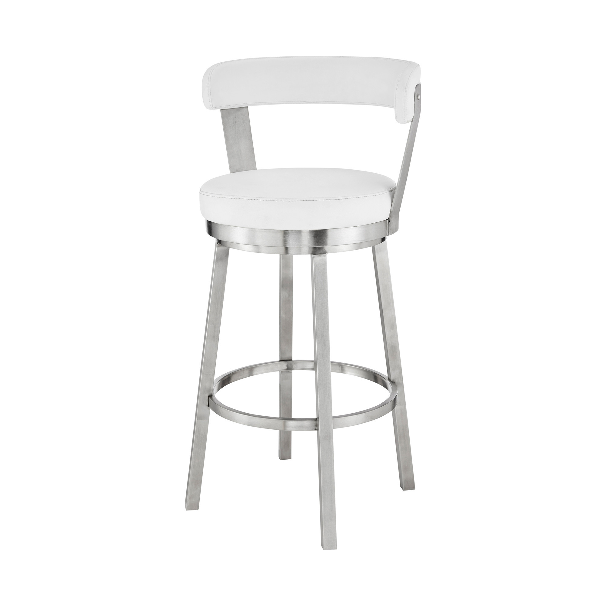 30"" Chic White Faux Leather With Stainless Steel Finish Swivel Bar Stool