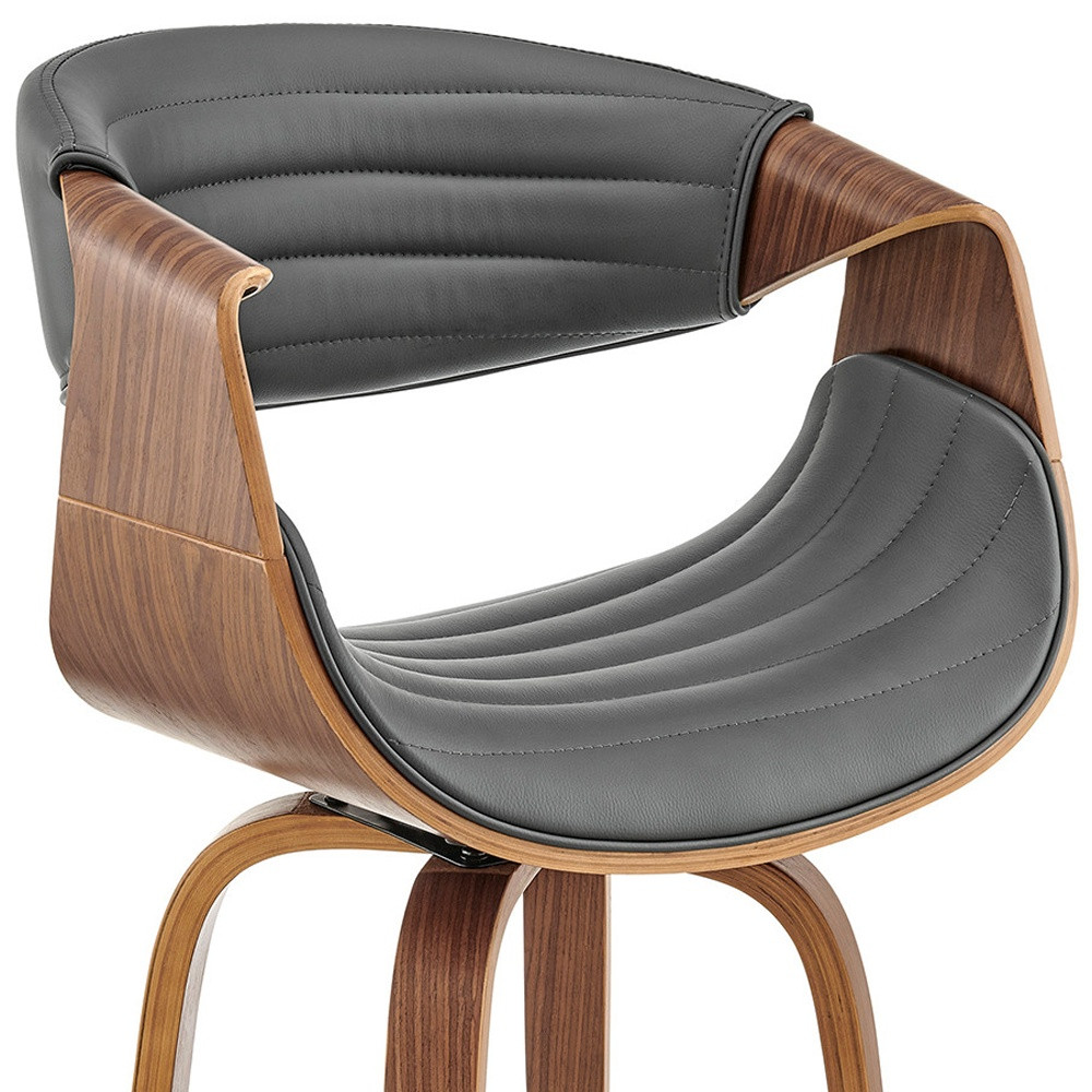 30"" Grey Faux Leather And Walnut Wood Retro Chic Bar Stool
