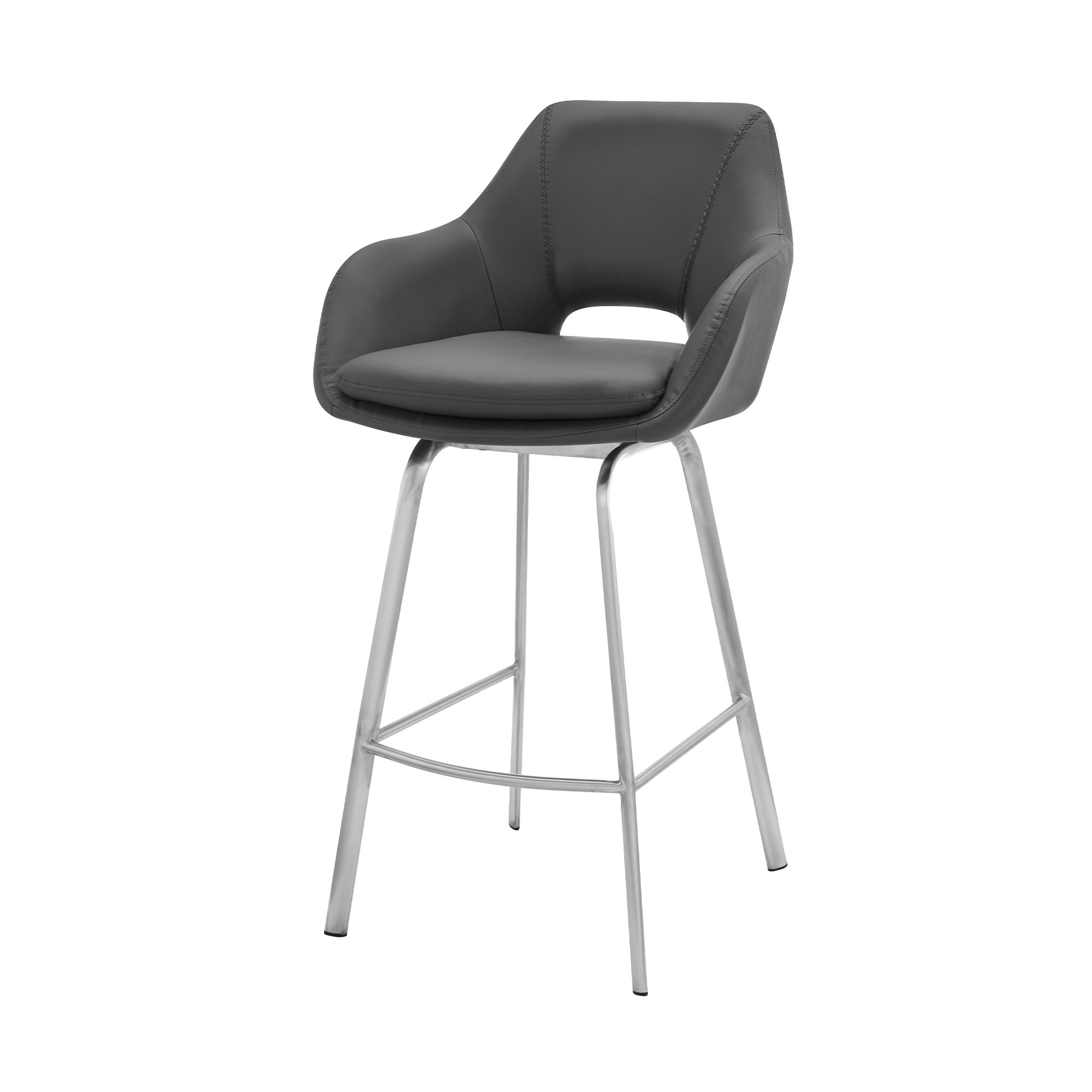 30"" Gray On Stainless Faux Leather Comfy Swivel Bar Stool