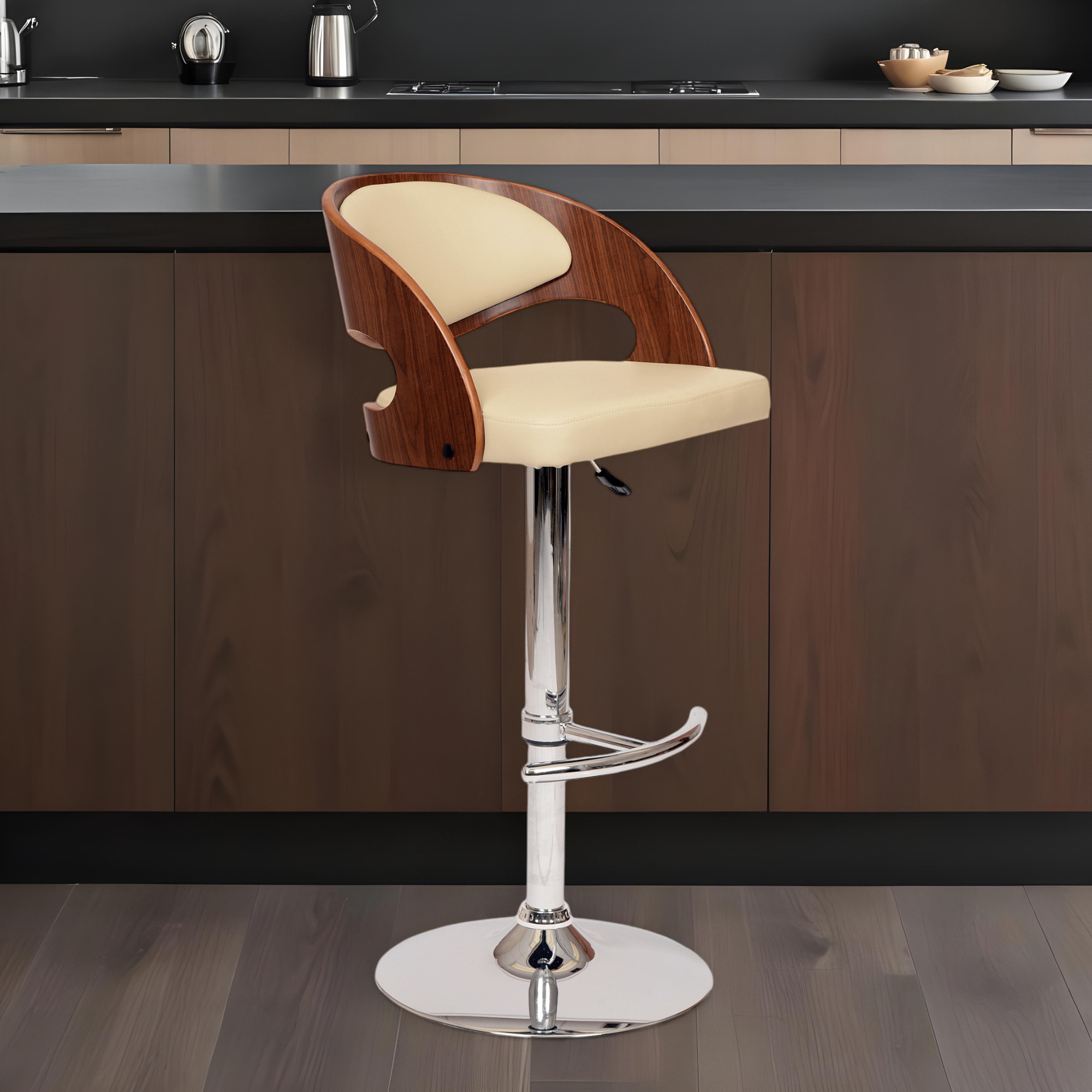 Cream And Silver Faux Leather And Chrome Low Back Adjustable Height Swivel Bar Chair-477273-1