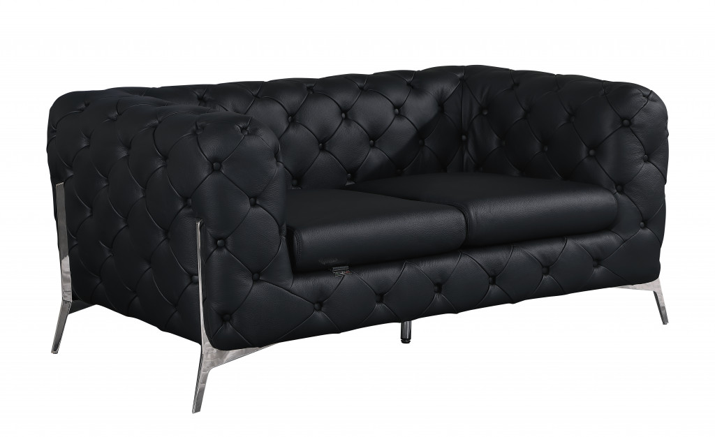 69"" Black Tufted Italian Leather And Chrome Love Seat