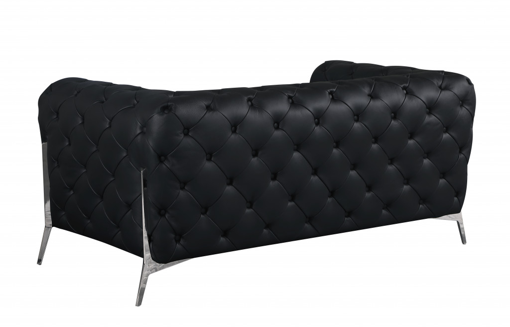 69"" Black Tufted Italian Leather And Chrome Love Seat