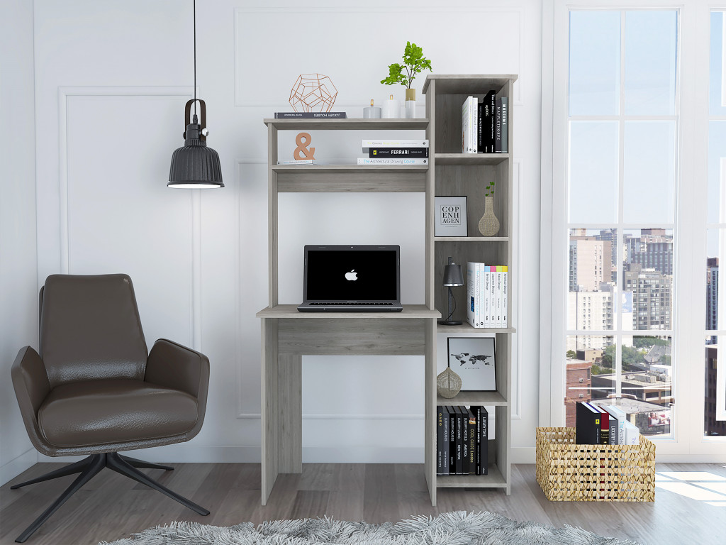 Modern Light Gray Office Desk With Storage Cabinet