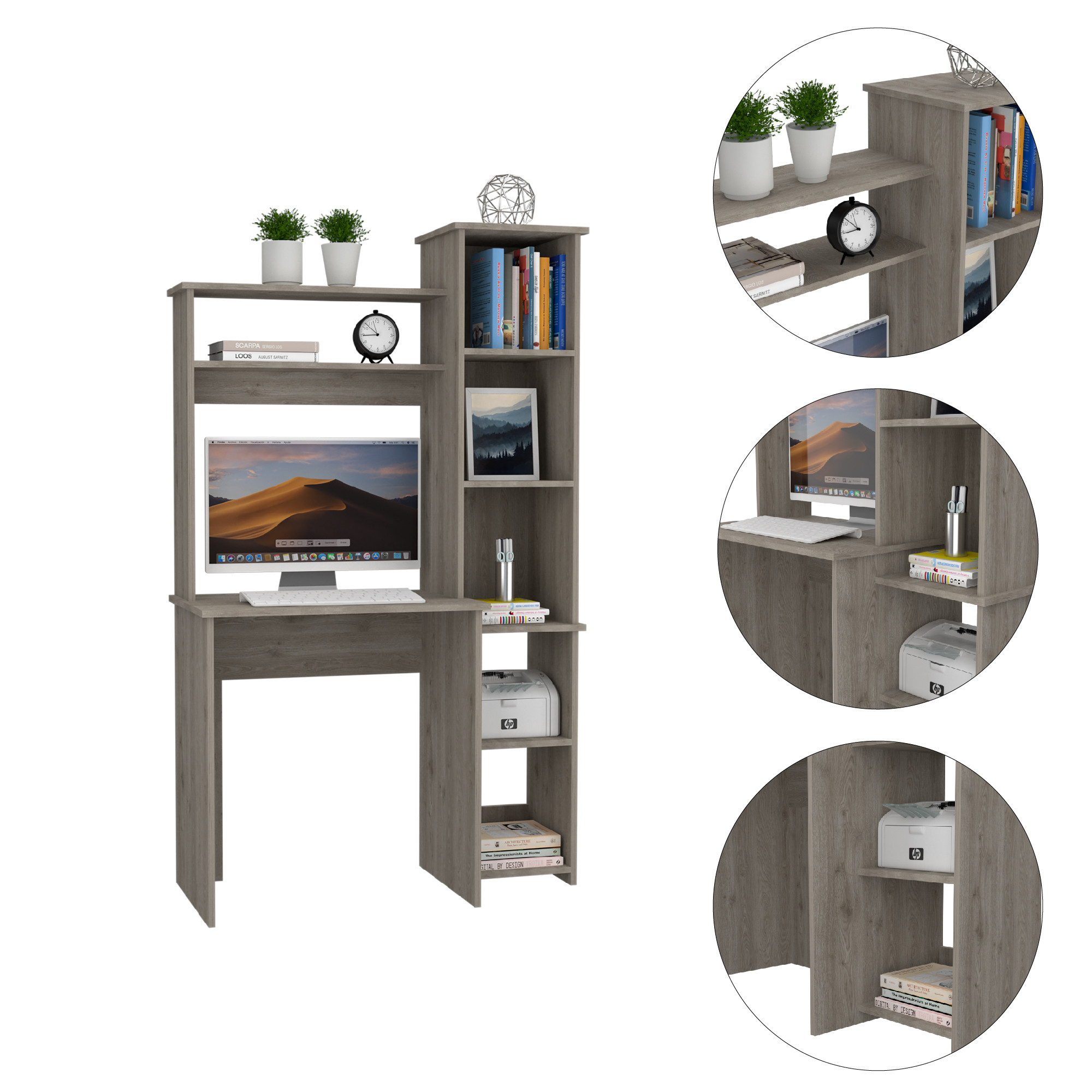 Modern Light Gray Office Desk With Storage Cabinet