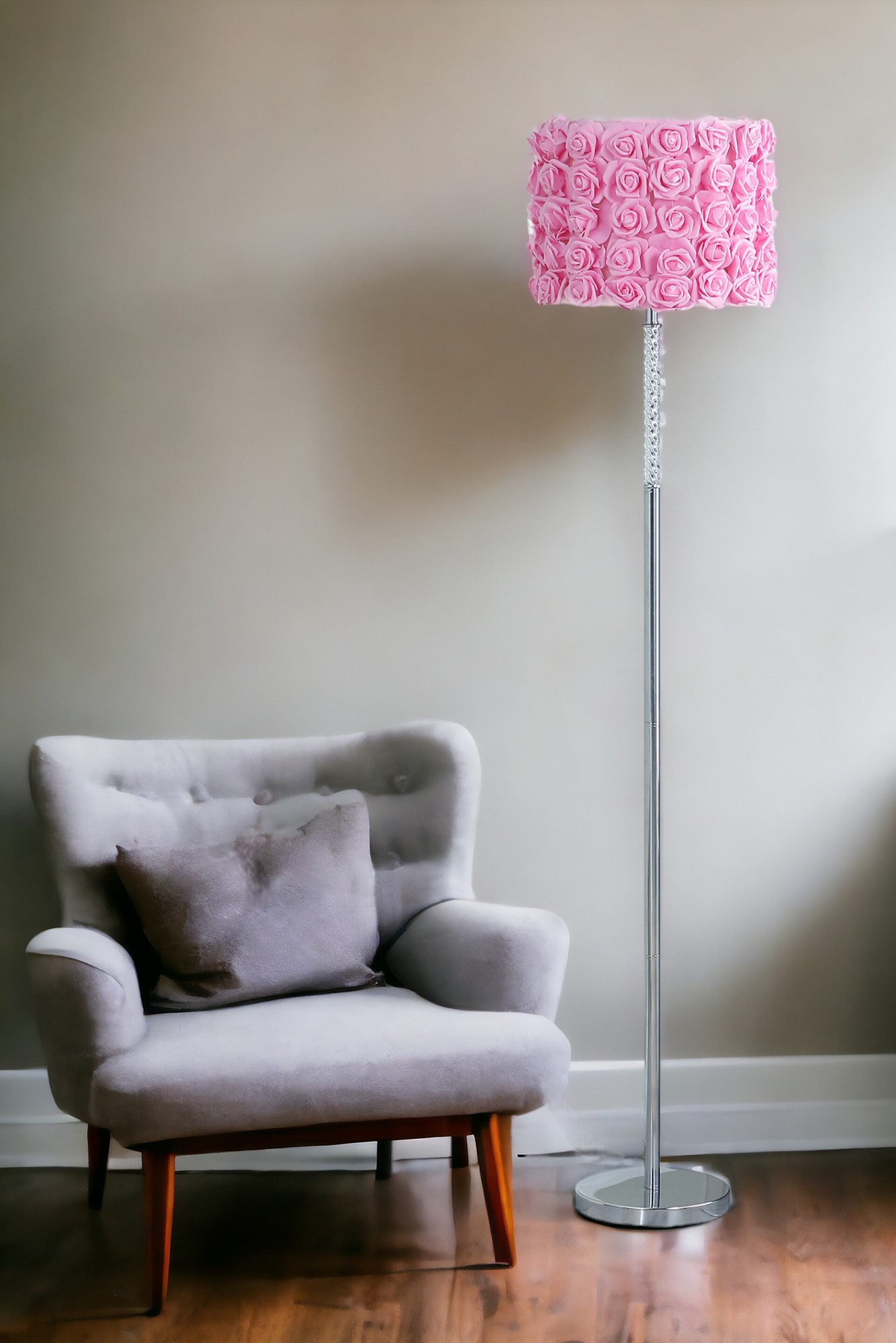 63" Steel and Acrylic Floor Lamp With Pink Flowers Fabric Drum Shade-478191-1