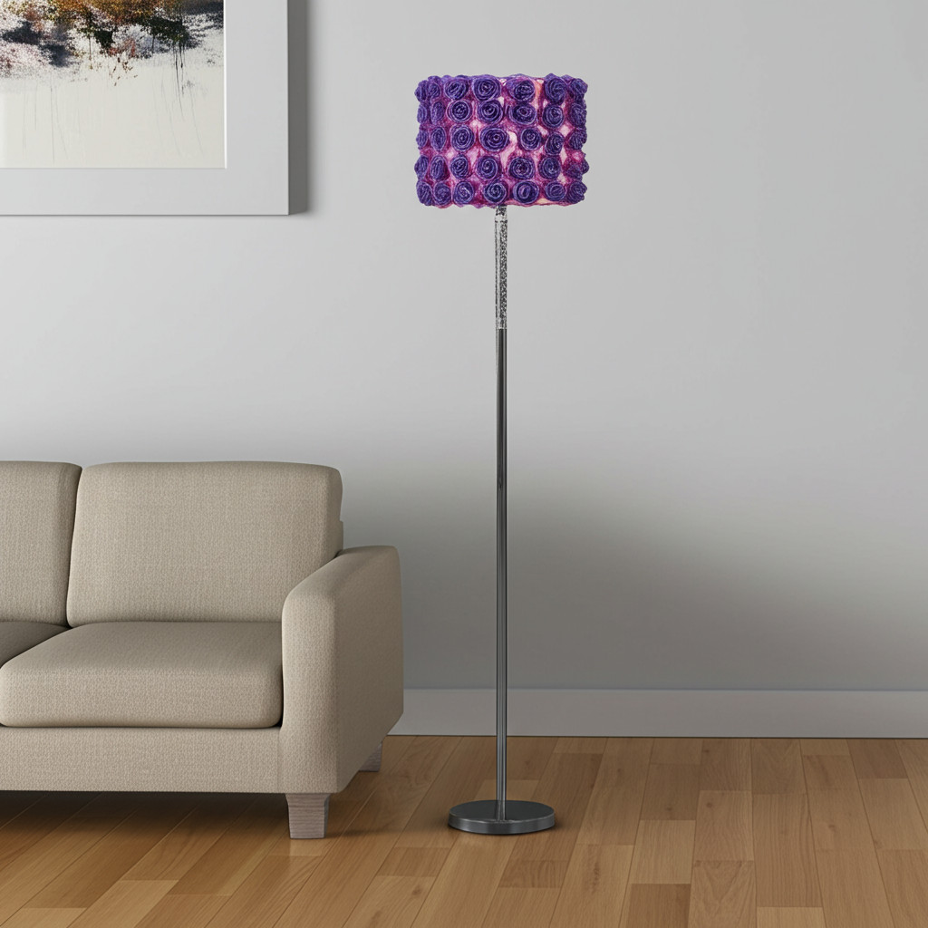 63" Steel and Acrylic Floor Lamp With Purple Flowers Fabric Drum Shade-478192-1