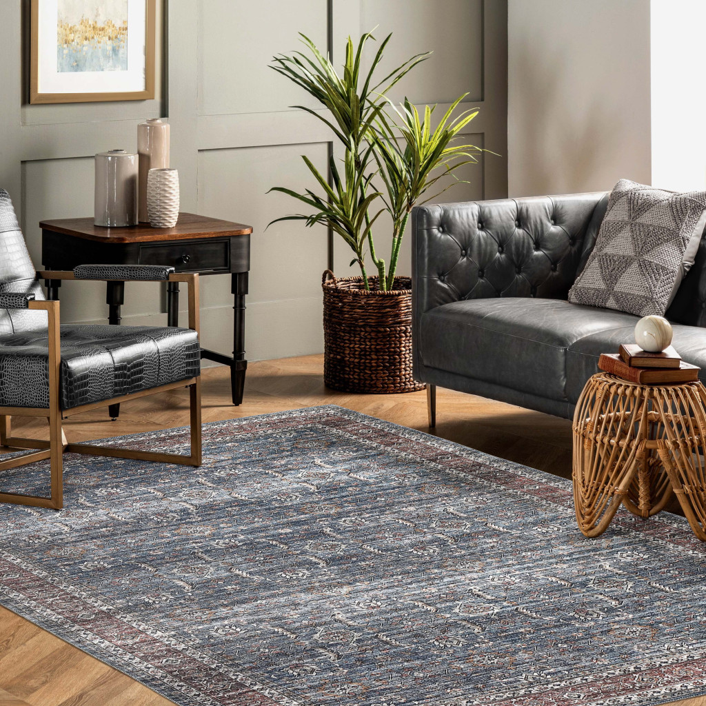 5" X 8" Blue Oriental Distressed Stain Resistant Area Rug
