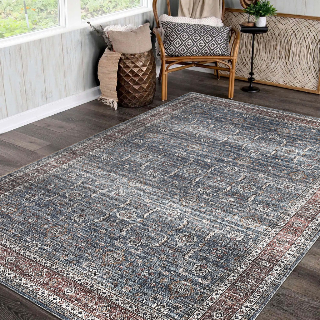 5" X 8" Blue Oriental Distressed Stain Resistant Area Rug