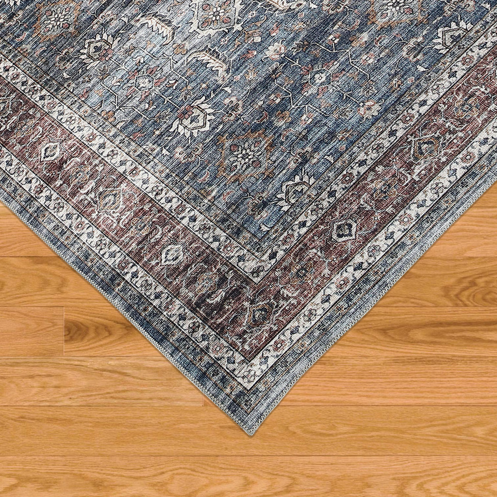 5" X 8" Blue Oriental Distressed Stain Resistant Area Rug