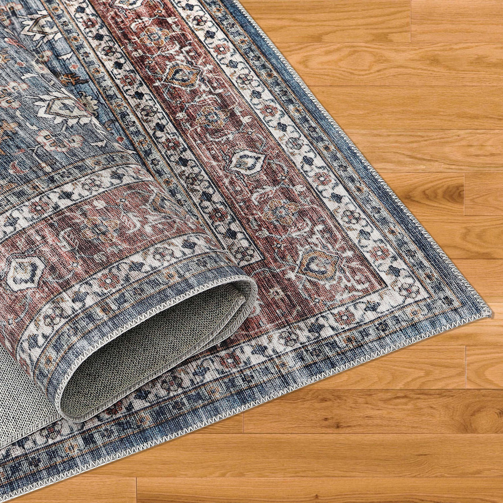 5" X 8" Blue Oriental Distressed Stain Resistant Area Rug