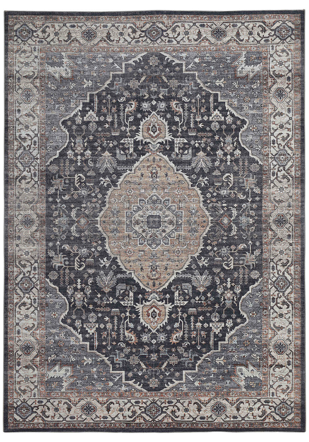 5" X 8" Black Oriental Stain Resistant Area Rug