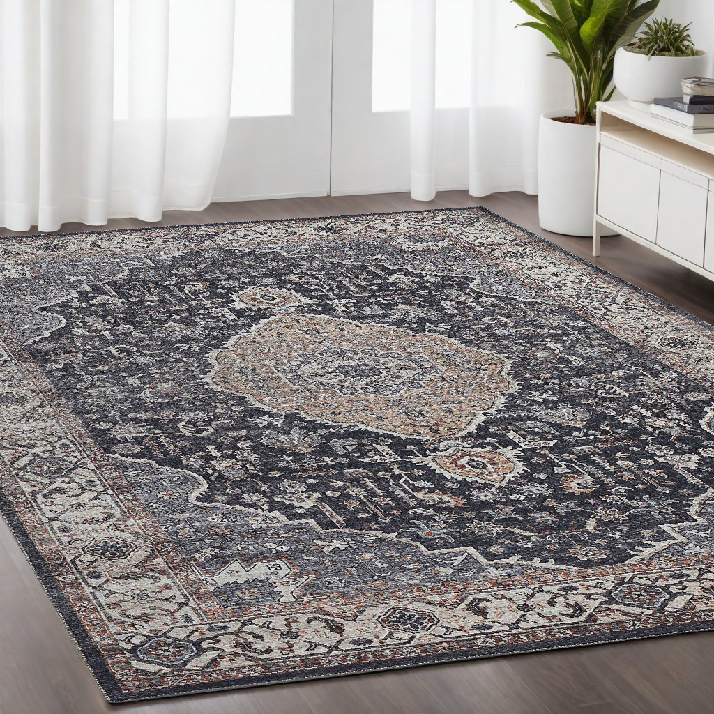 5" X 8" Black Oriental Stain Resistant Area Rug