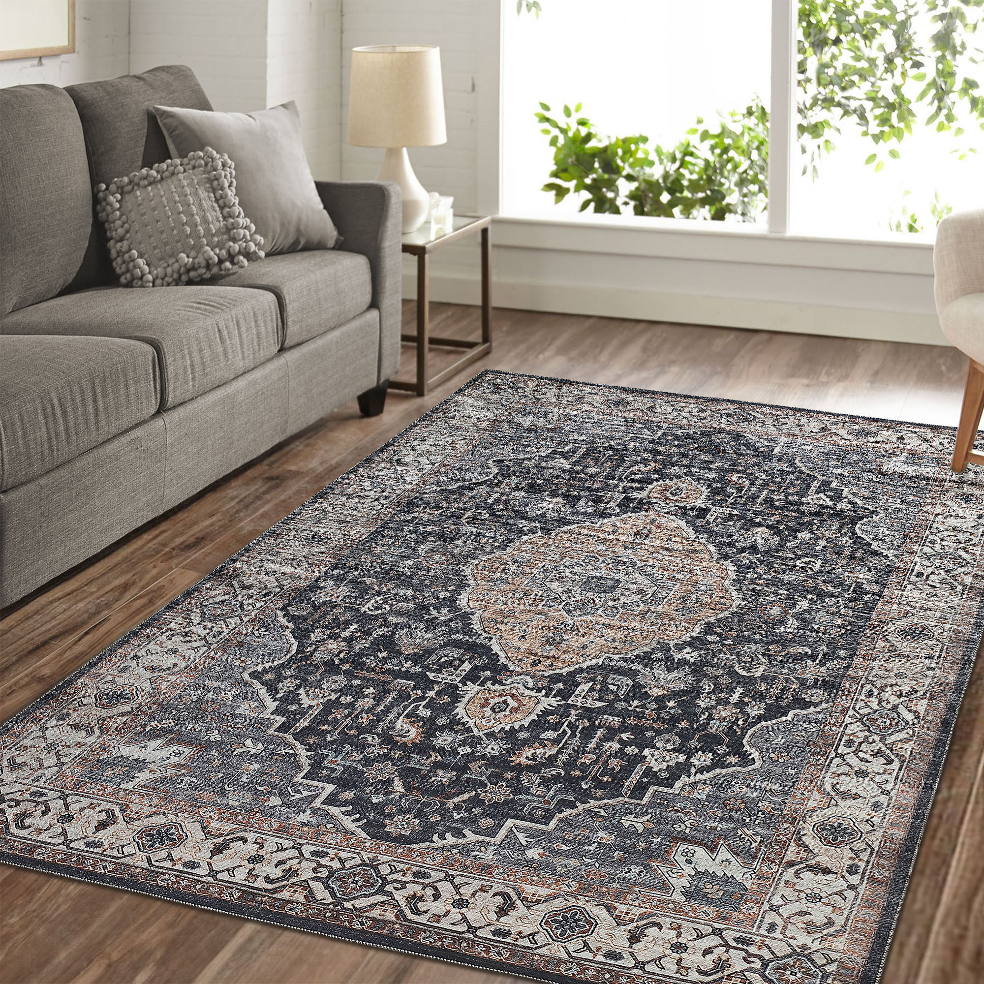 5" X 8" Black Oriental Stain Resistant Area Rug