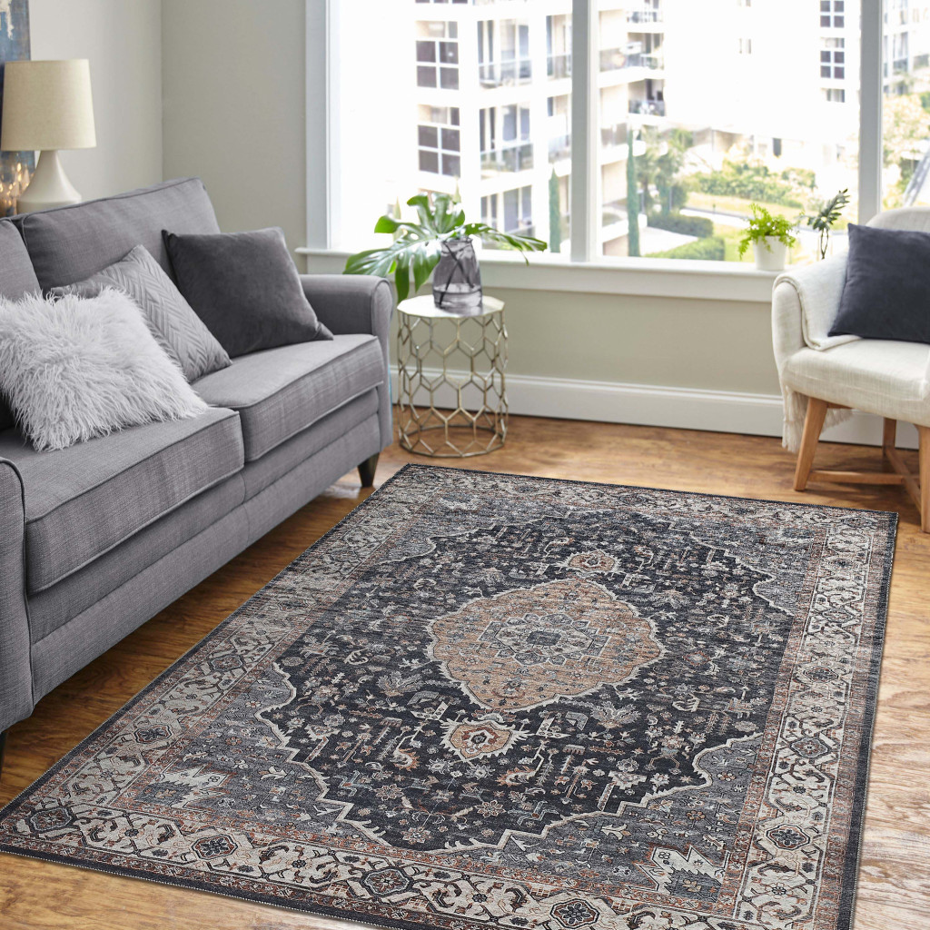 5" X 8" Black Oriental Stain Resistant Area Rug