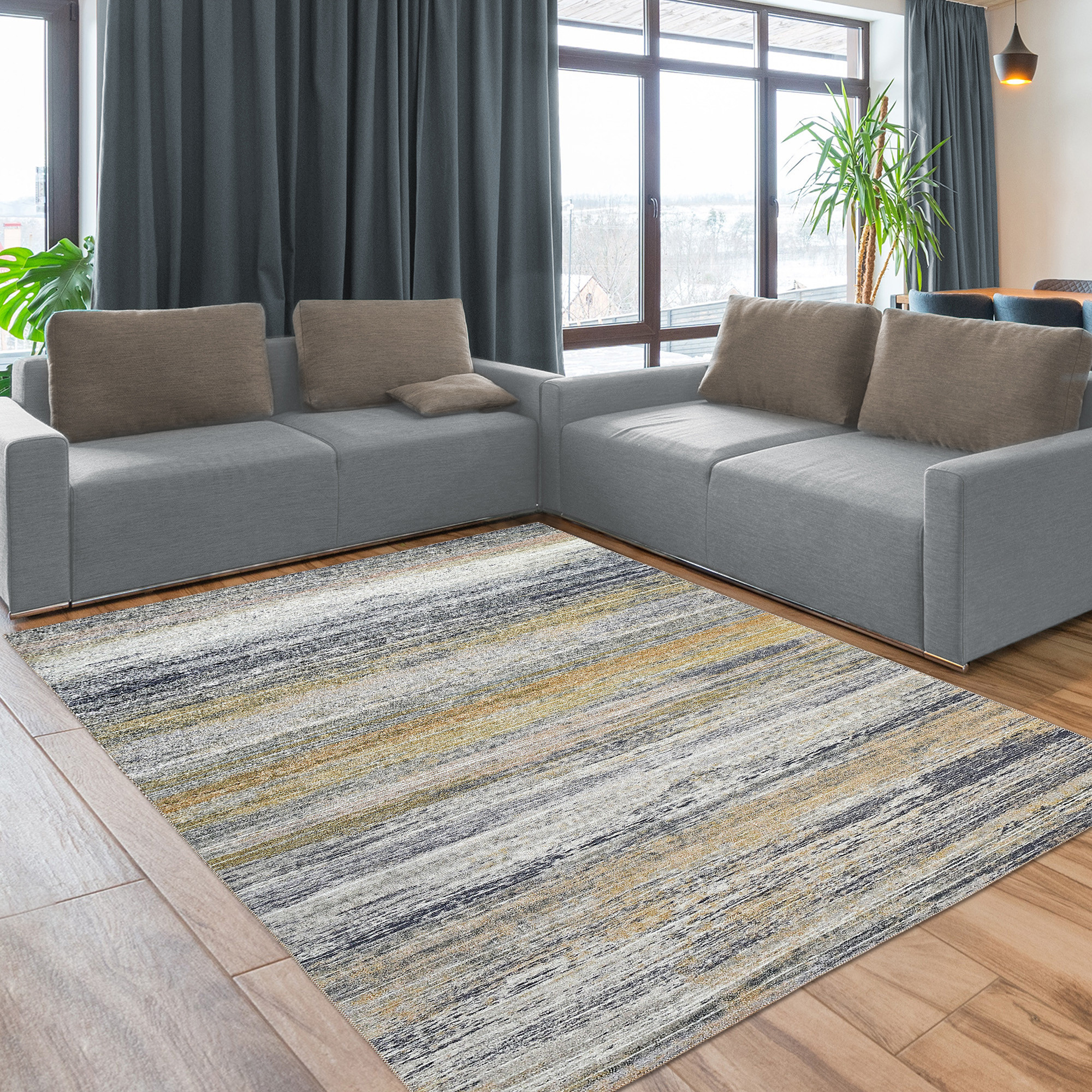 5" X 8" Gold Abstract Stain Resistant Area Rug