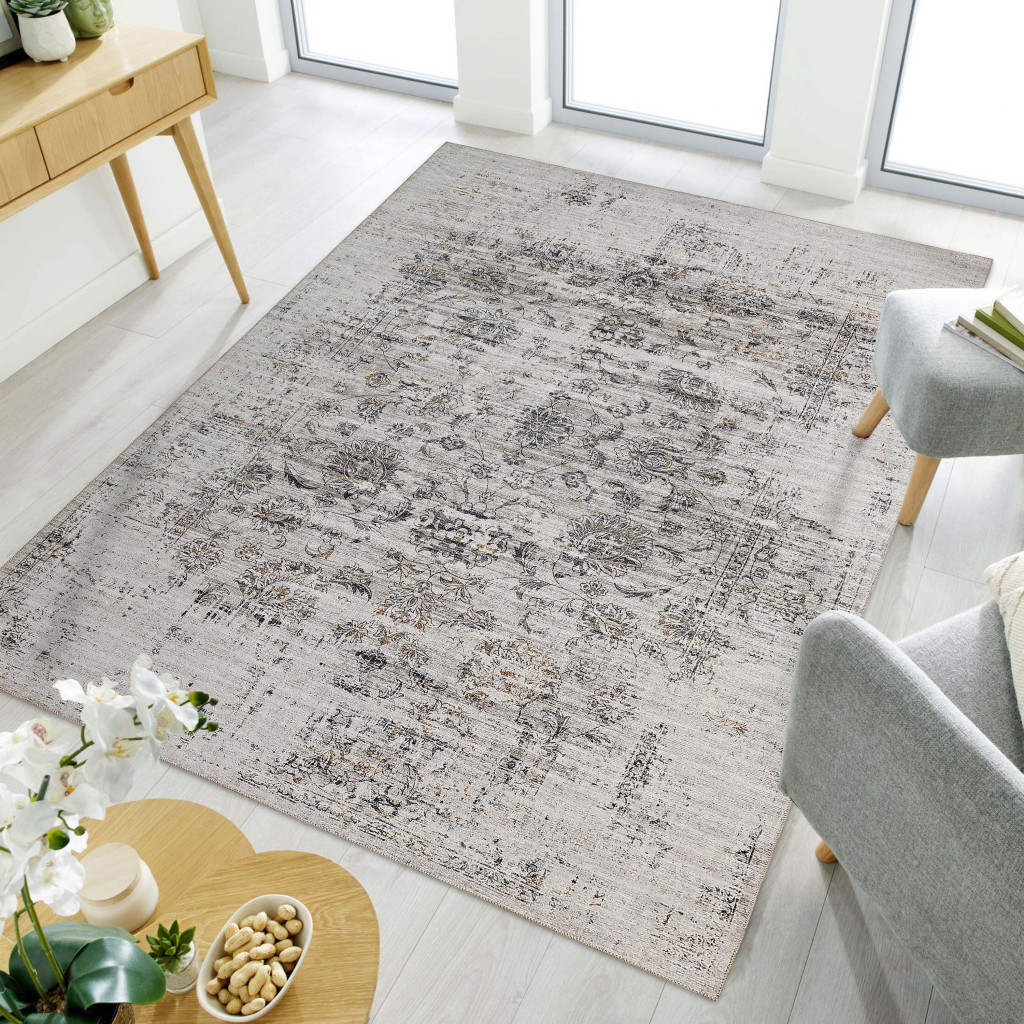 5" X 8" Beige Oriental Distressed Stain Resistant Area Rug