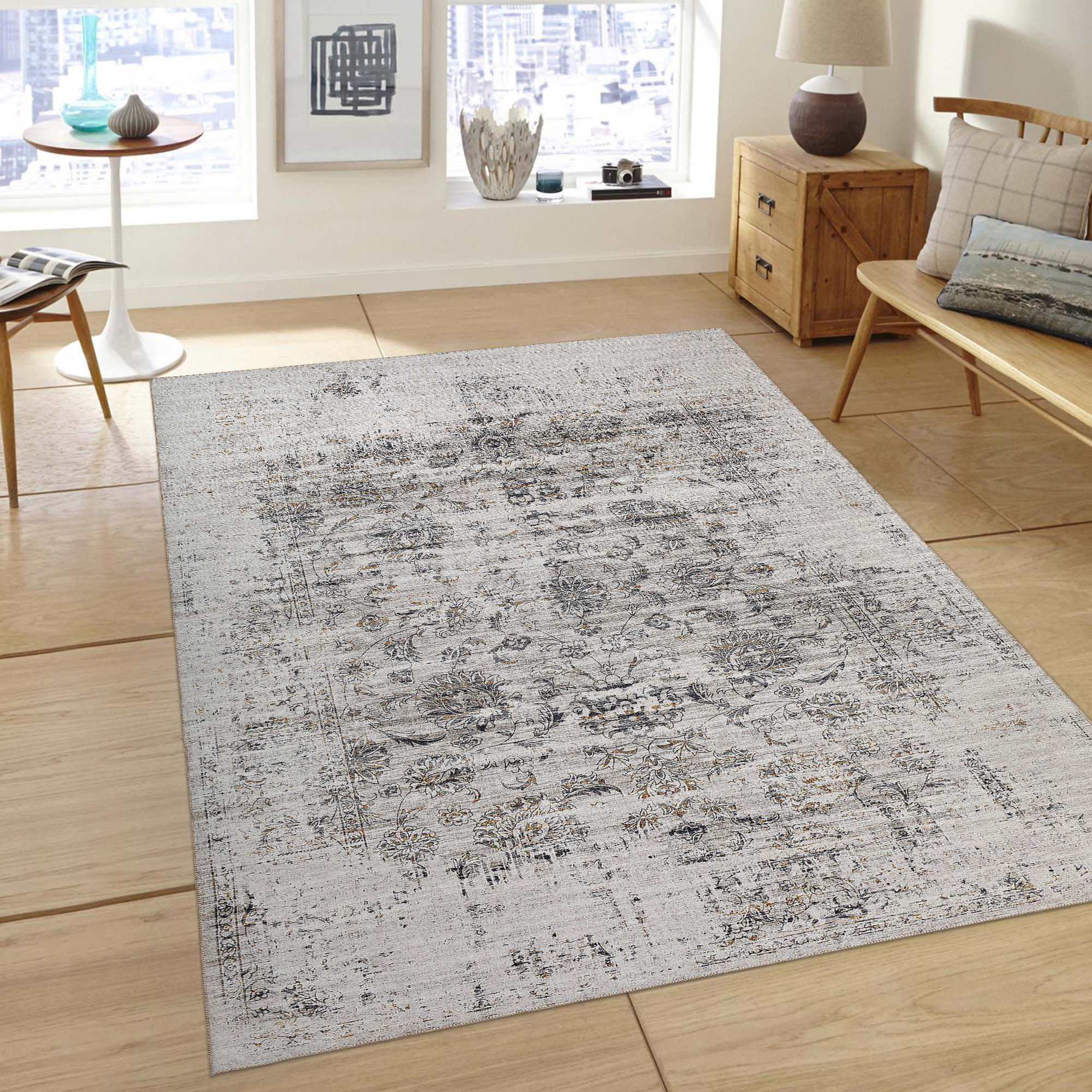 5" X 8" Beige Oriental Distressed Stain Resistant Area Rug