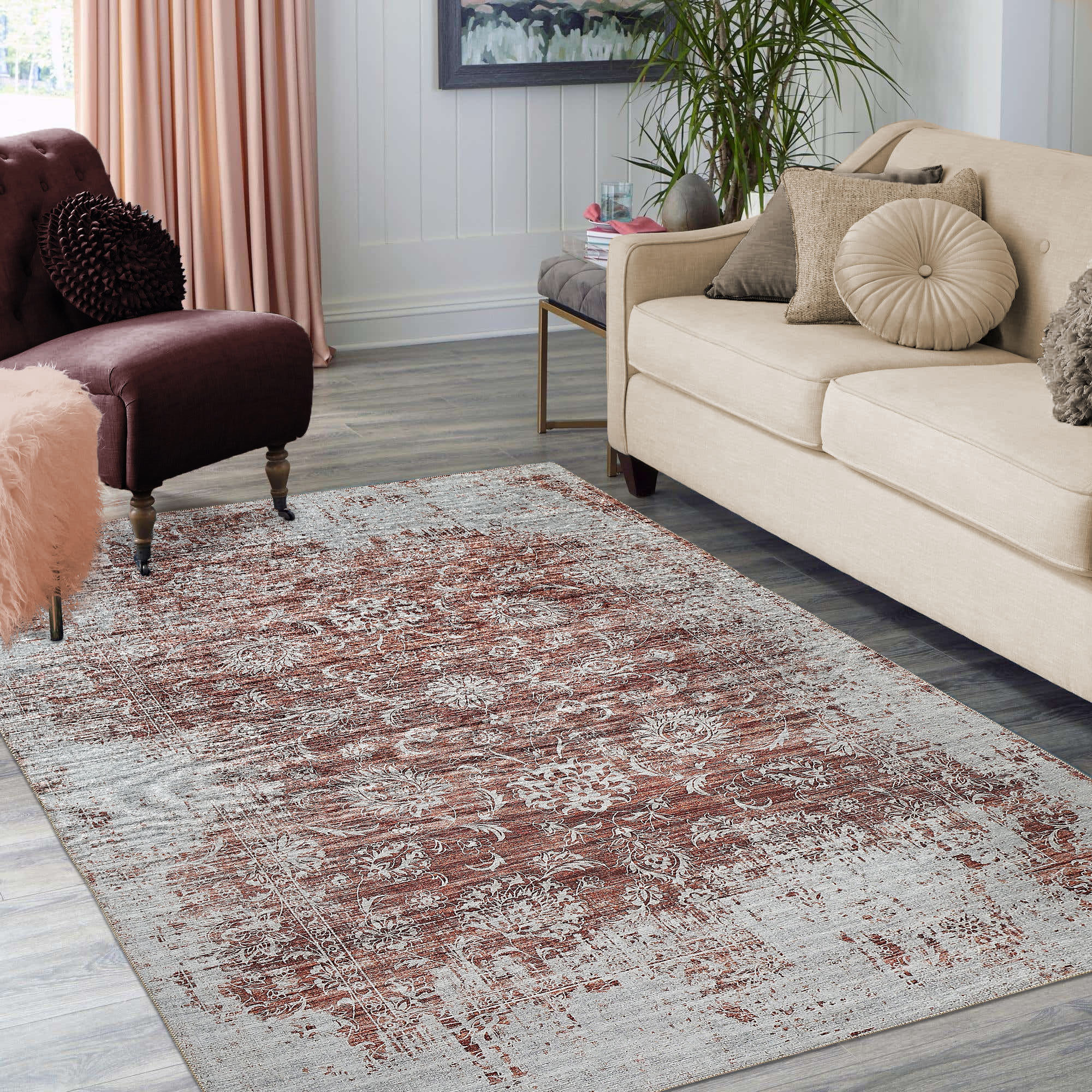 5" X 8" Rust Oriental Distressed Stain Resistant Area Rug