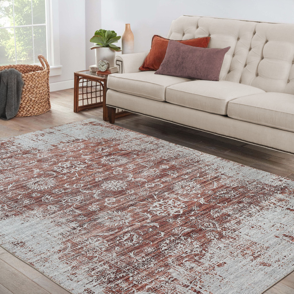 5" X 8" Rust Oriental Distressed Stain Resistant Area Rug
