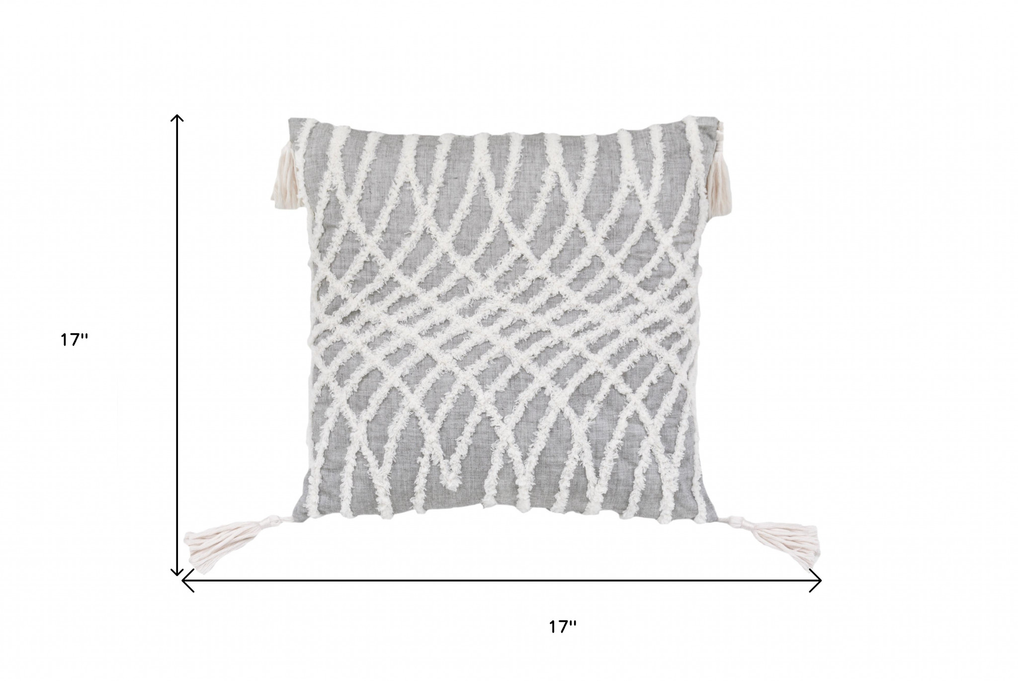 17" X 17" Grey And White Interlocking Zippered Polyester Throw Pillow With Tassels
