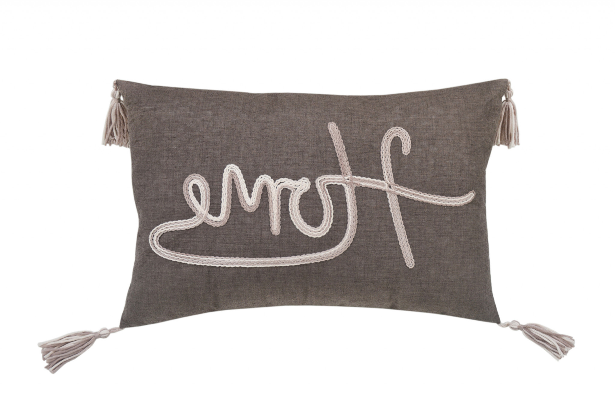 13" X 20" GreyTaupe And White Text Zippered Polyester Throw Pillow With Tassels