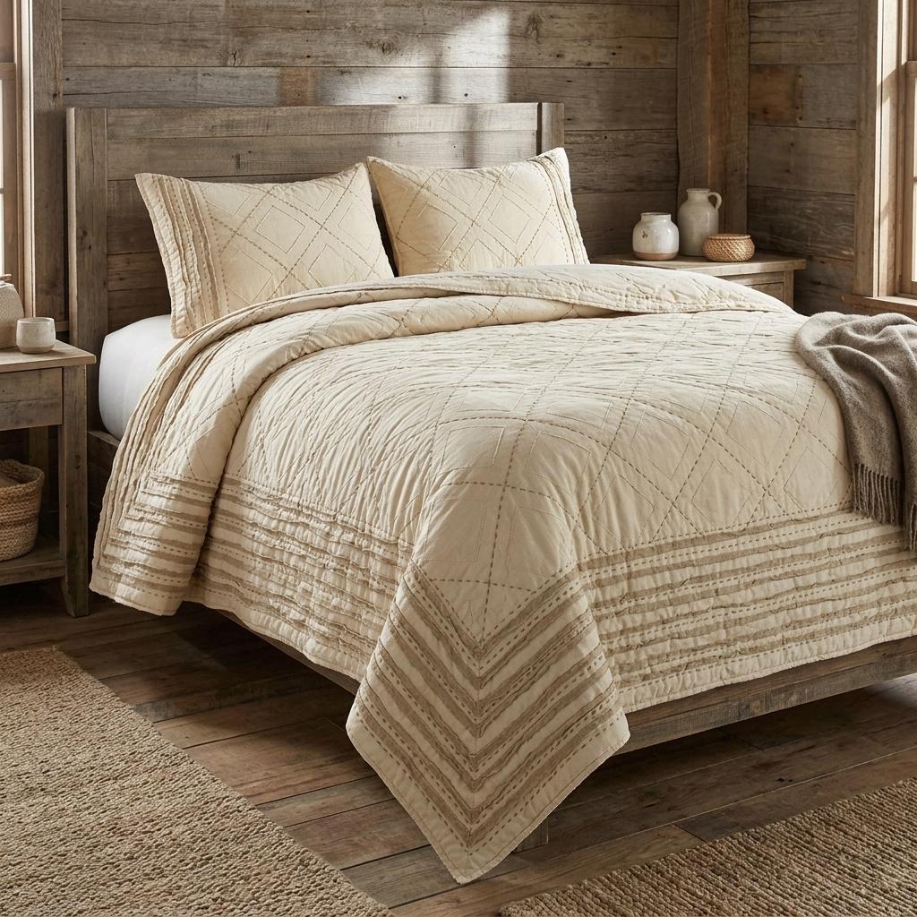 Ivory Geometric King Kantha Stitch Quilt With Shams