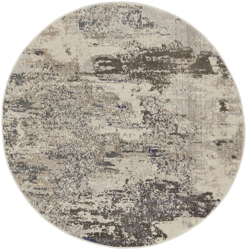 5 X 5 Ivory And grey Round Abstract Power Loom Non Skid Area Rug
