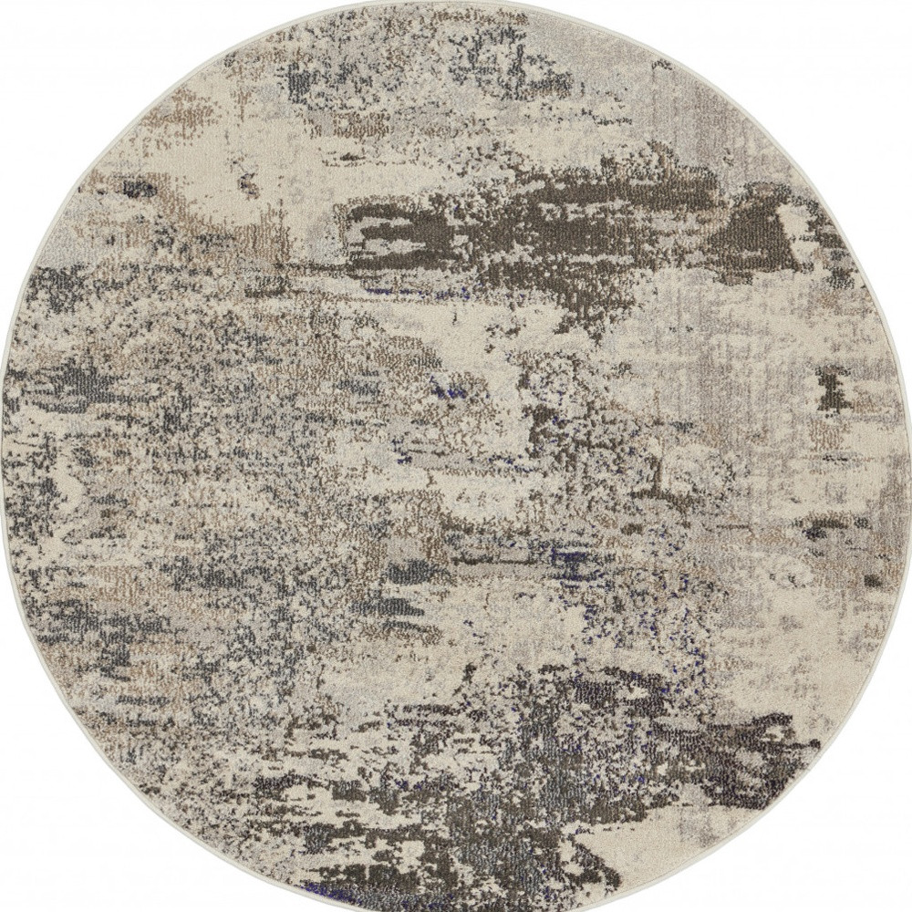 5" X 5" Ivory And Grey Round Abstract Power Loom Non Skid Area Rug
