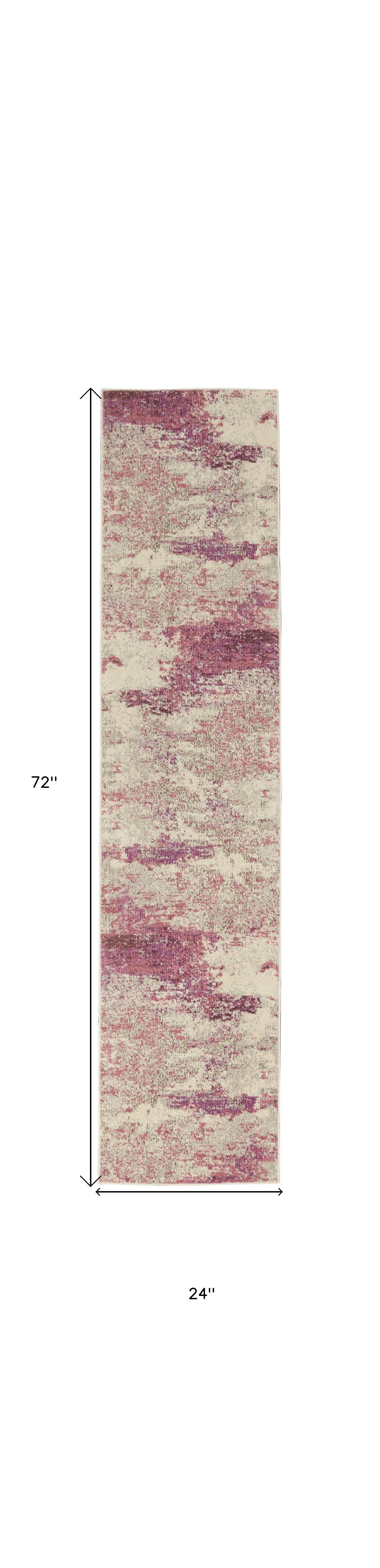 2" X 6" Ivory And Pink Abstract Power Loom Non Skid Runner Rug