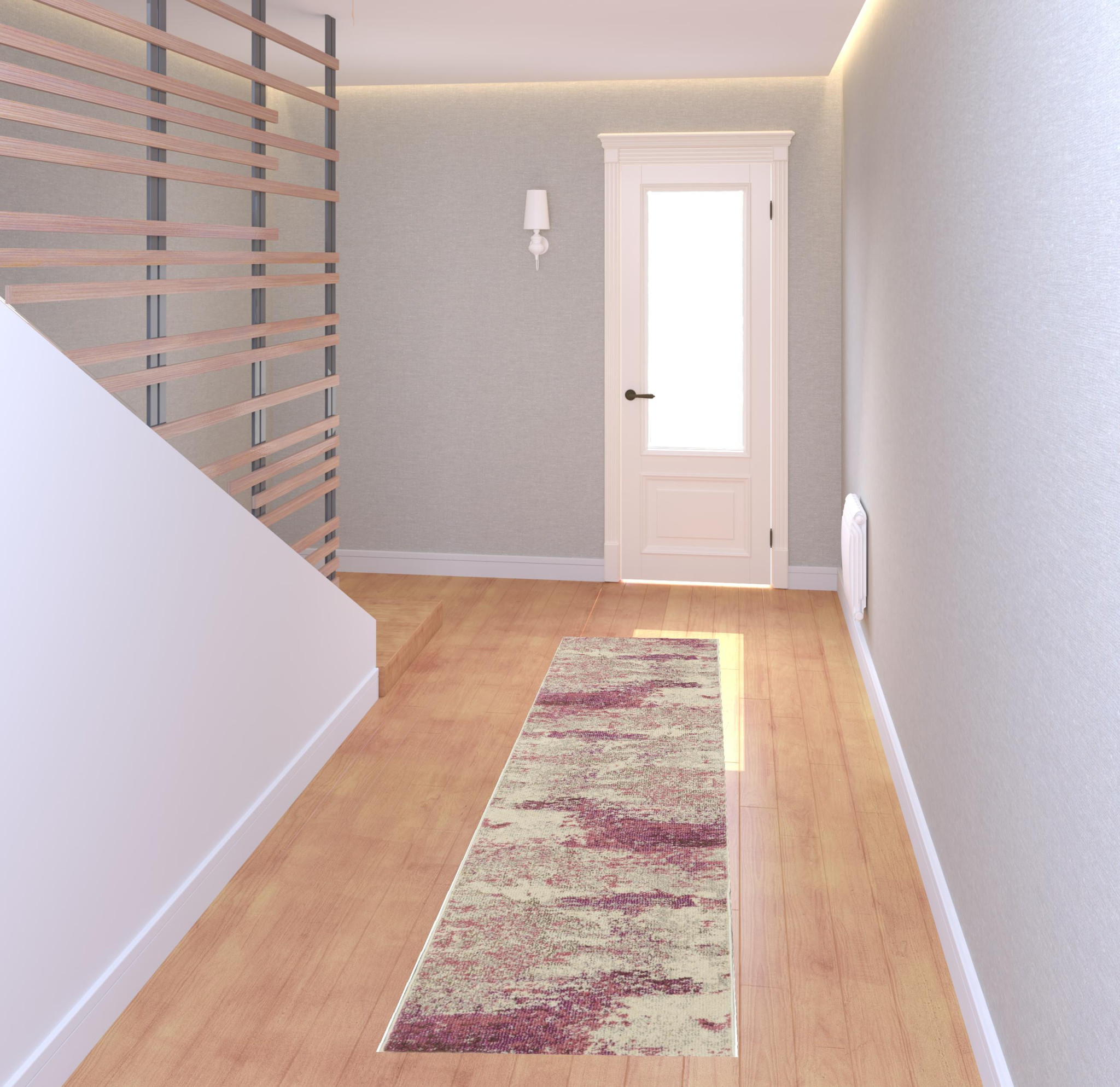 2" X 8" Ivory And Pink Abstract Power Loom Non Skid Runner Rug