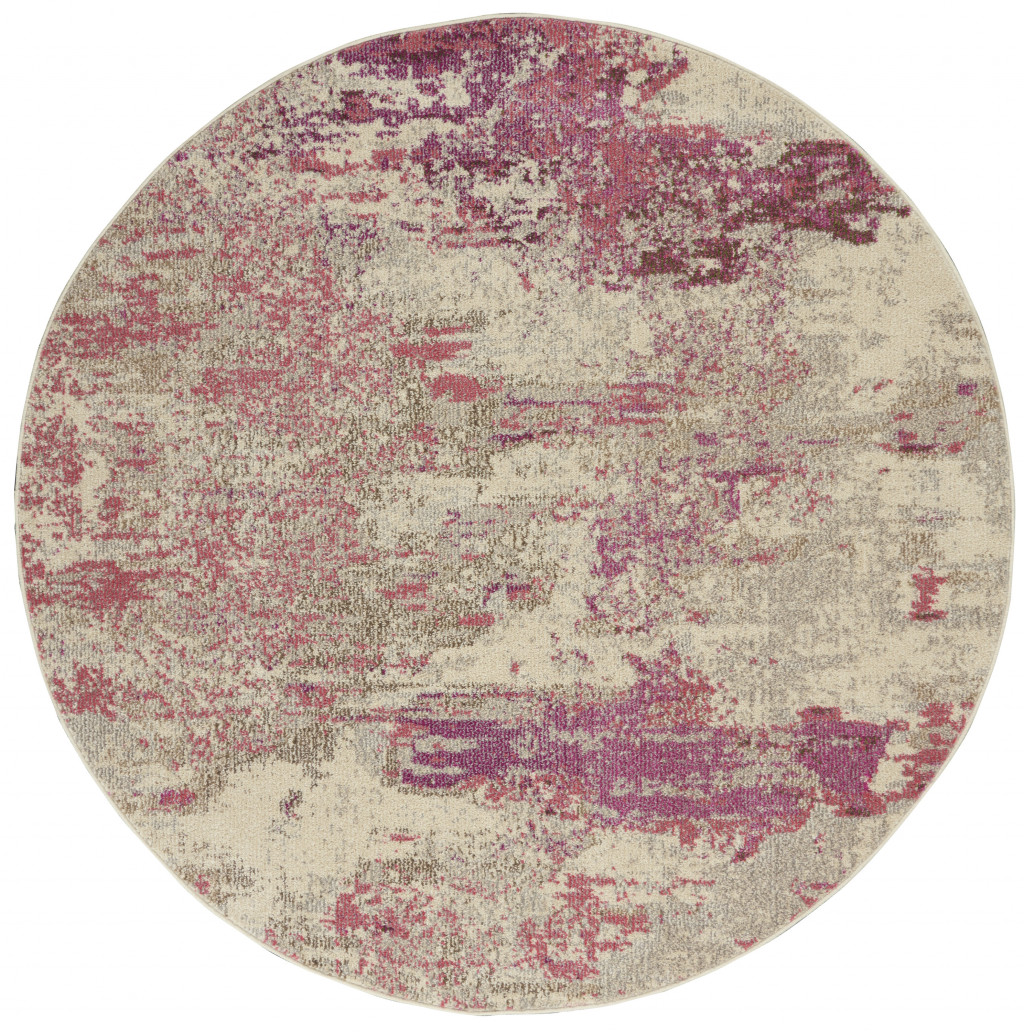 5" X 5" Ivory And Pink Round Abstract Power Loom Non Skid Area Rug