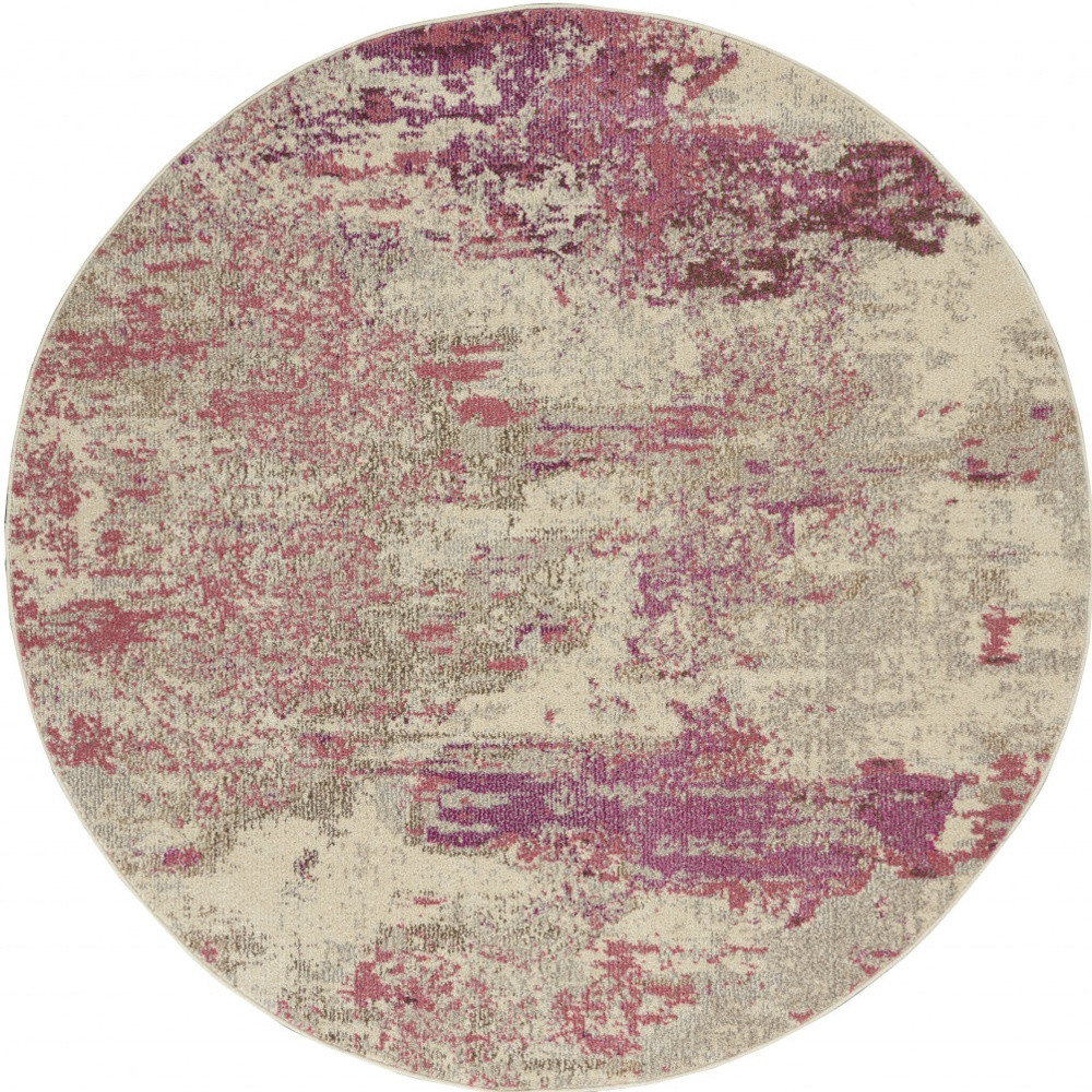 5" X 5" Ivory And Pink Round Abstract Power Loom Non Skid Area Rug