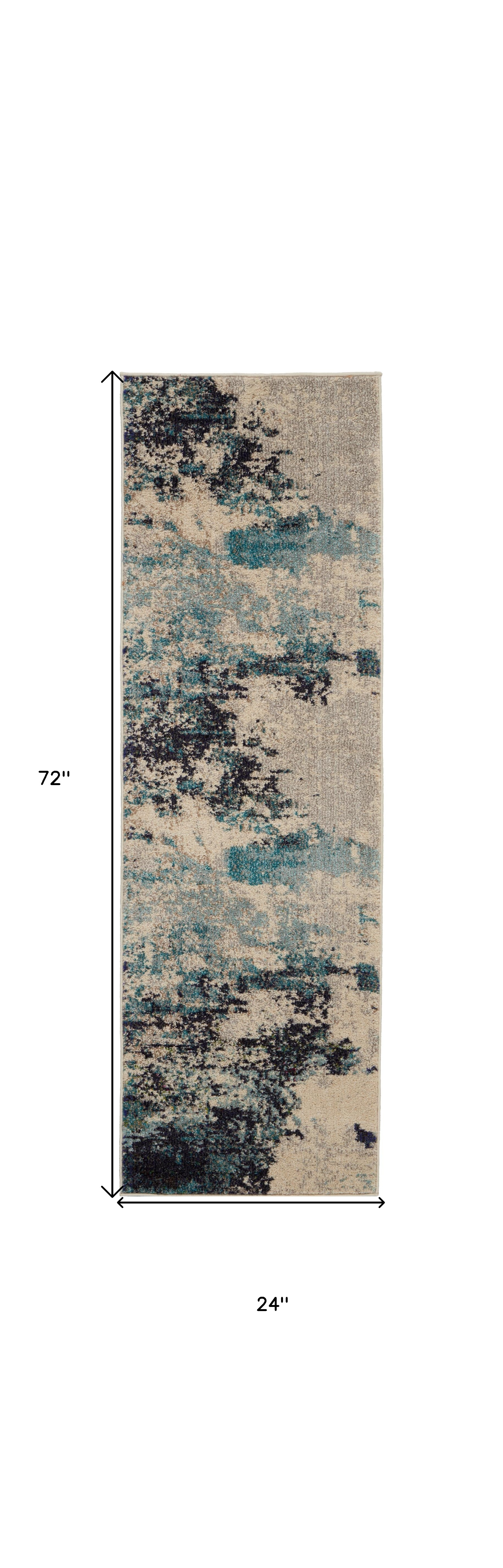 2" X 6" Ivory And Teal Blue Abstract Power Loom Non Skid Runner Rug