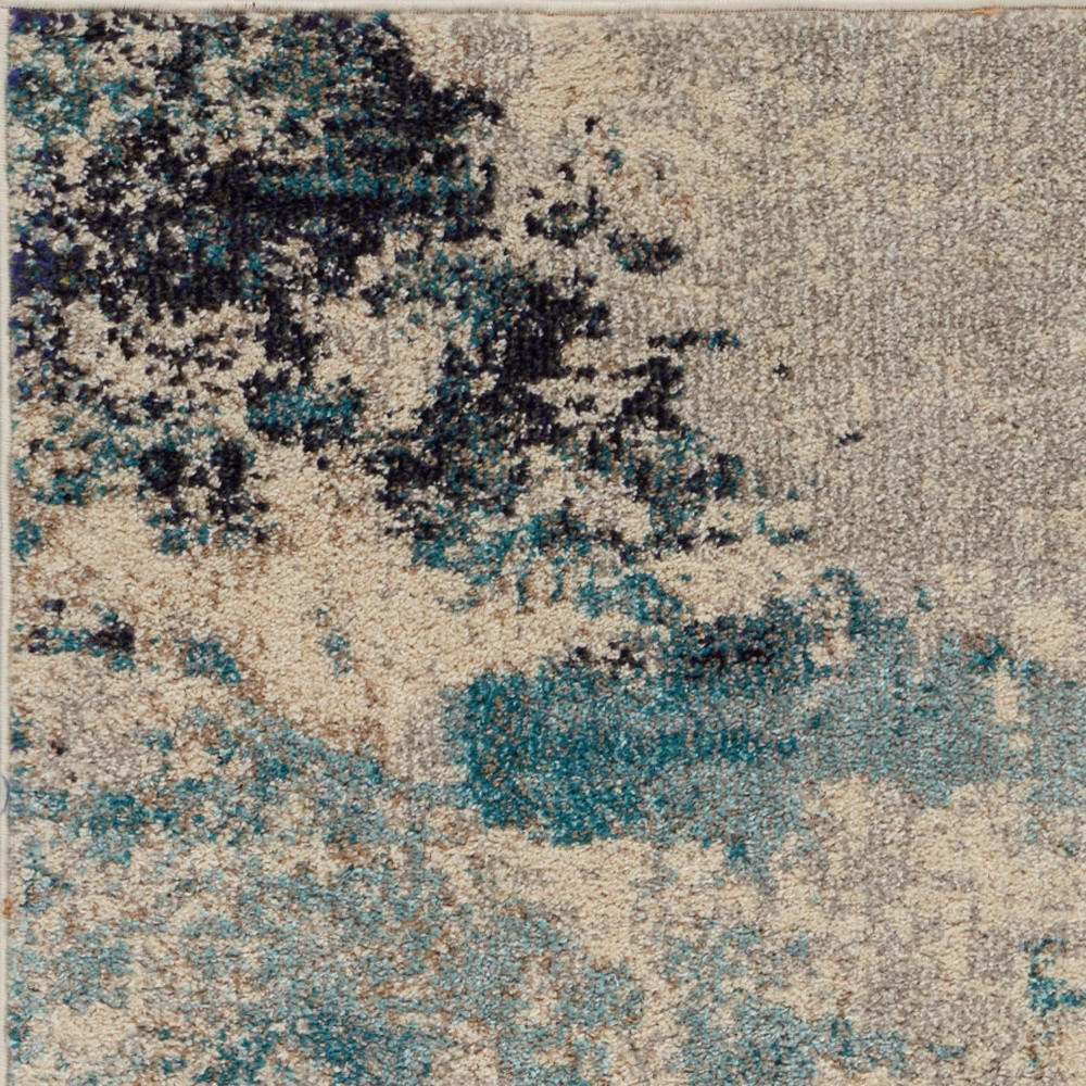 2" X 6" Ivory And Teal Blue Abstract Power Loom Non Skid Runner Rug