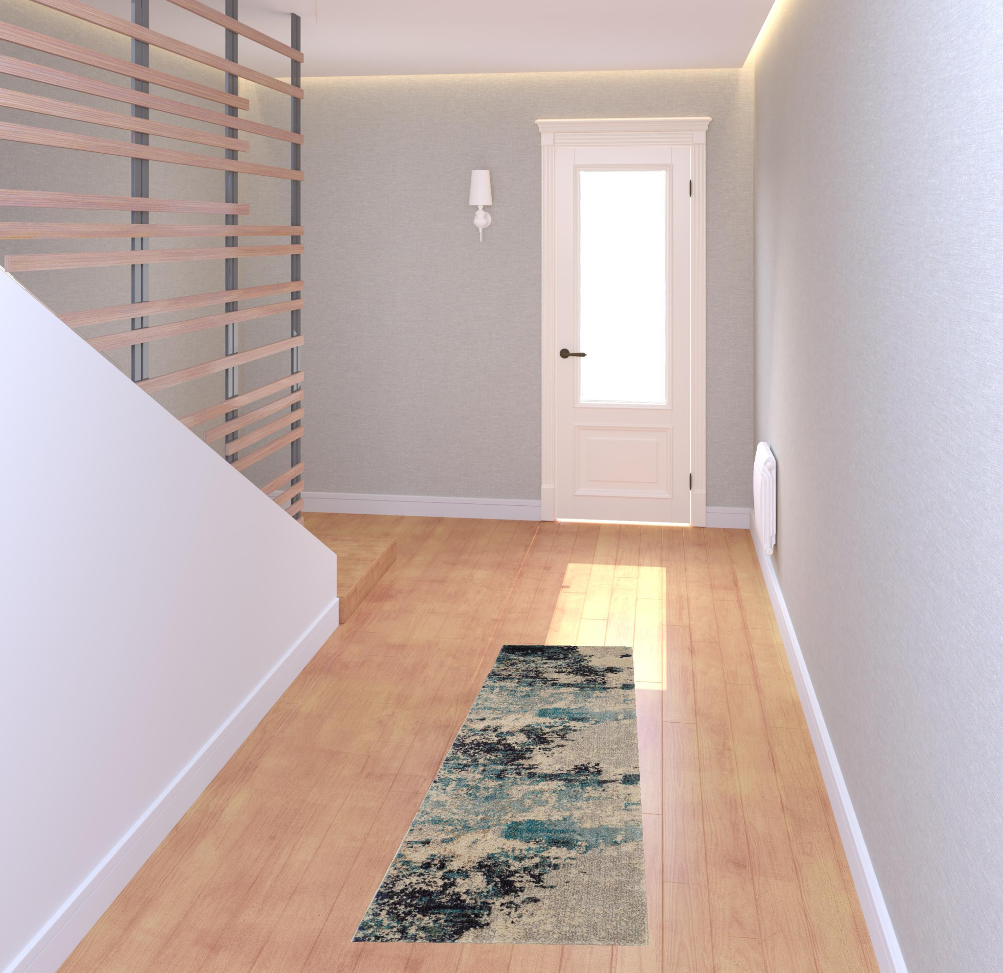 2" X 6" Ivory And Teal Blue Abstract Power Loom Non Skid Runner Rug