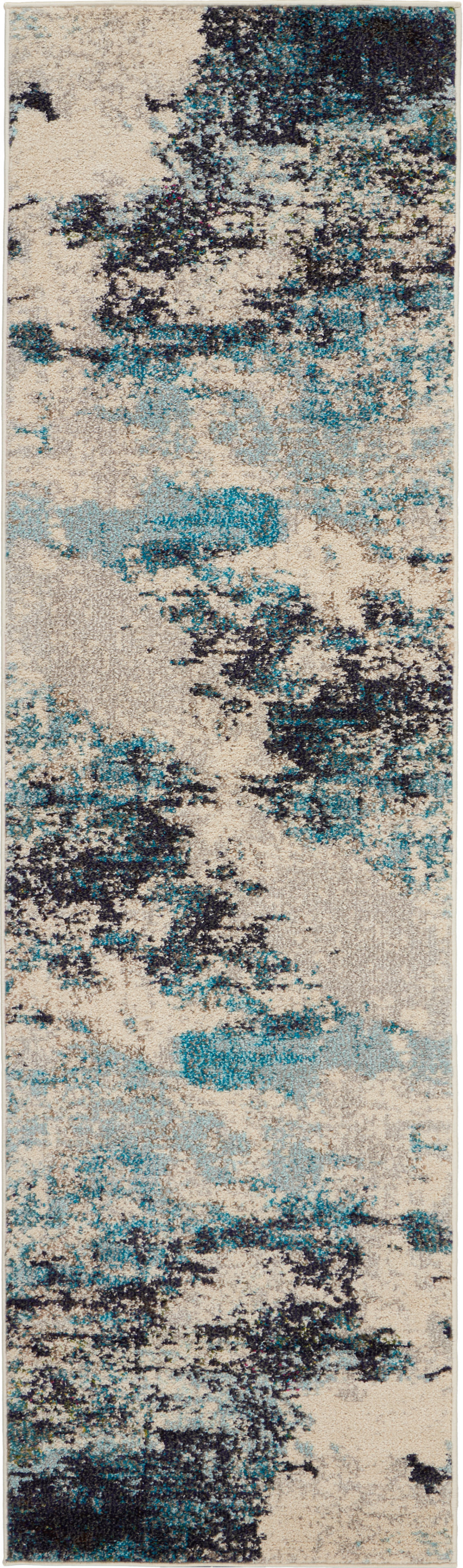 2" X 8" Ivory And Teal Blue Abstract Power Loom Non Skid Runner Rug