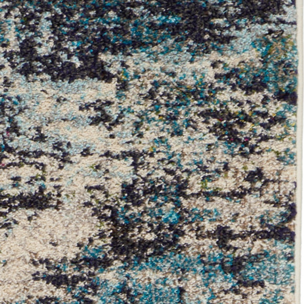 2" X 8" Ivory And Teal Blue Abstract Power Loom Non Skid Runner Rug