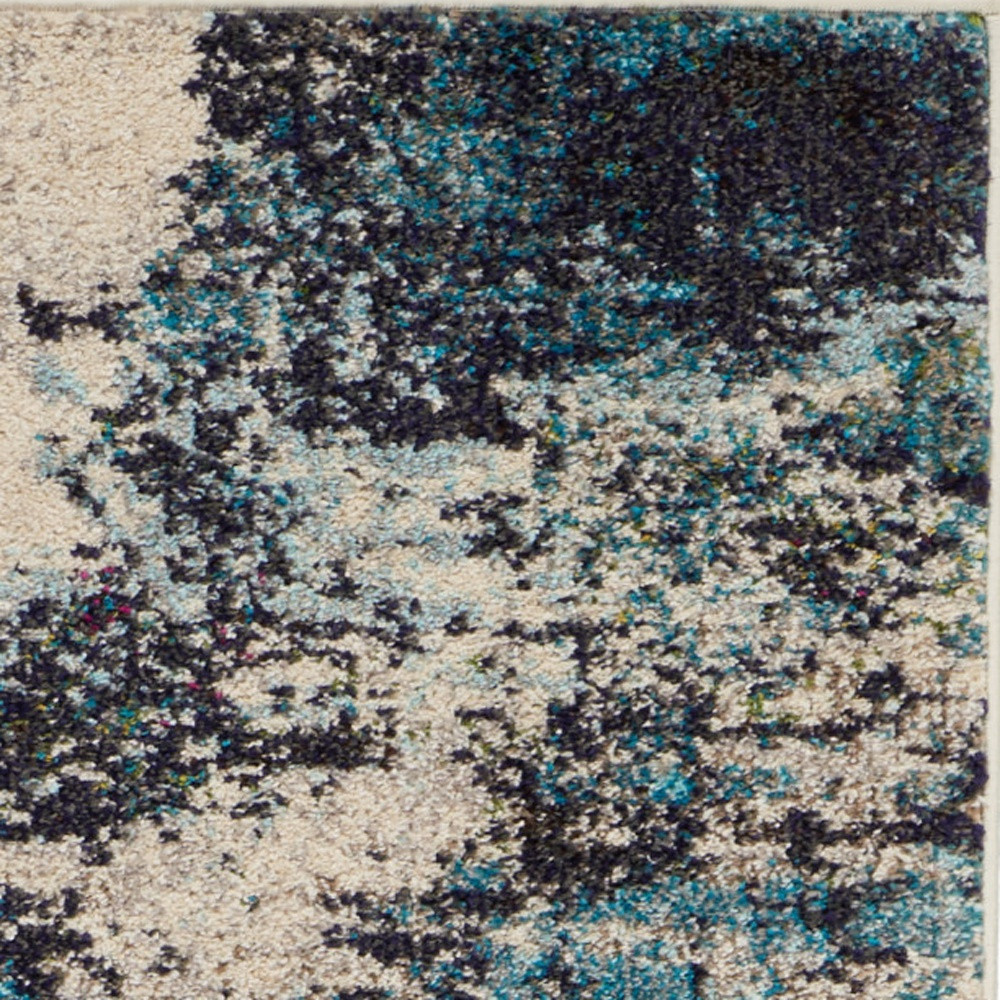 2" X 8" Ivory And Teal Blue Abstract Power Loom Non Skid Runner Rug