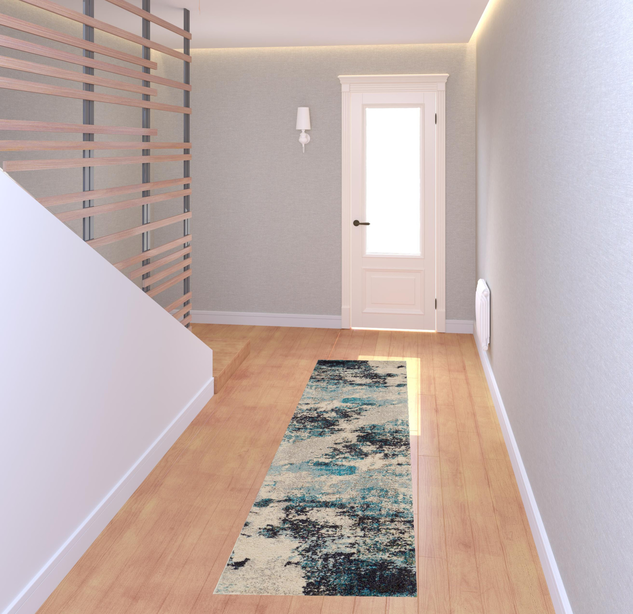 2" X 8" Ivory And Teal Blue Abstract Power Loom Non Skid Runner Rug